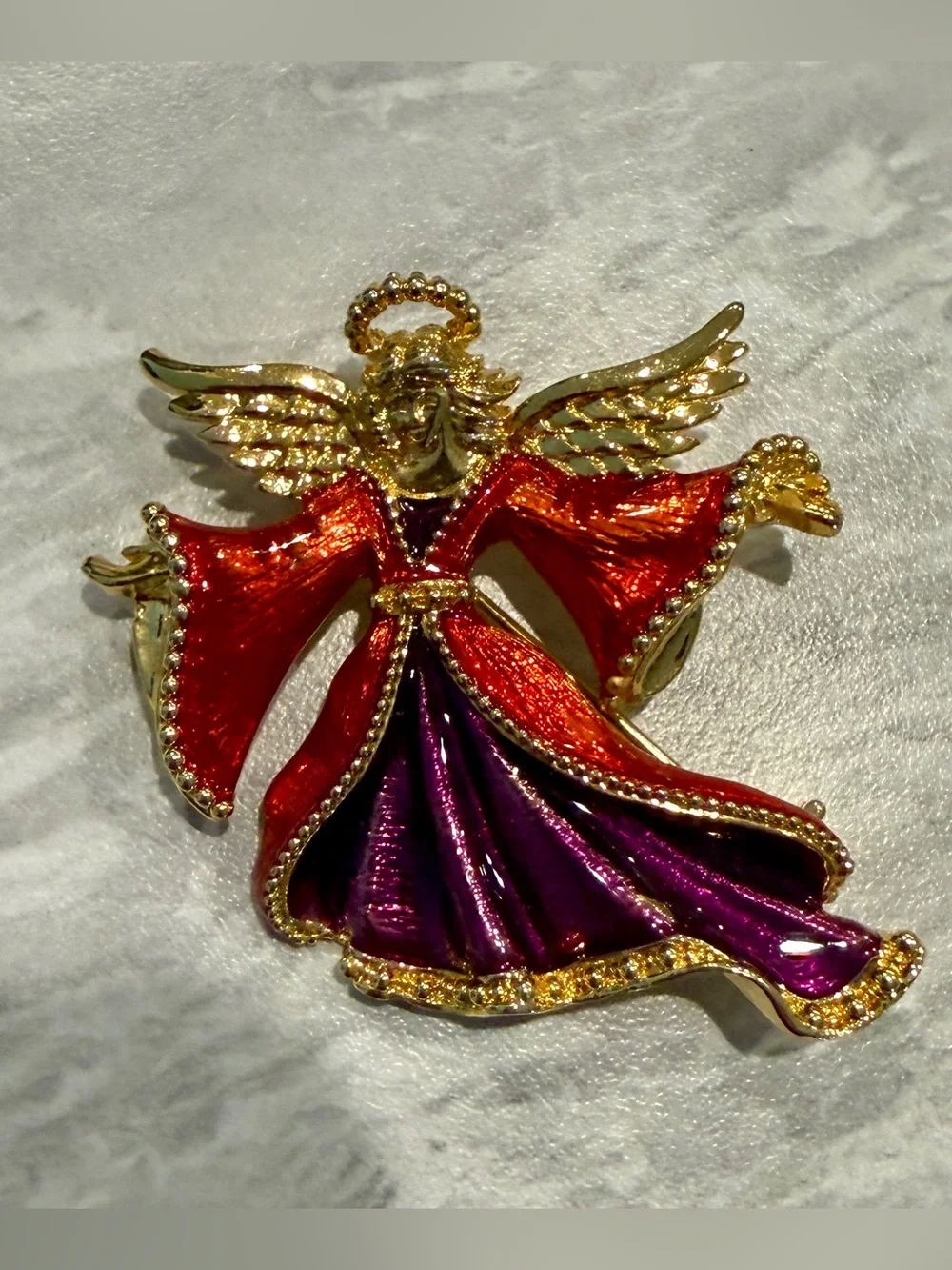 Christopher Radko Angel Brooch Red & Purple Enamel Gold Tone Pin Signed 2” Tall